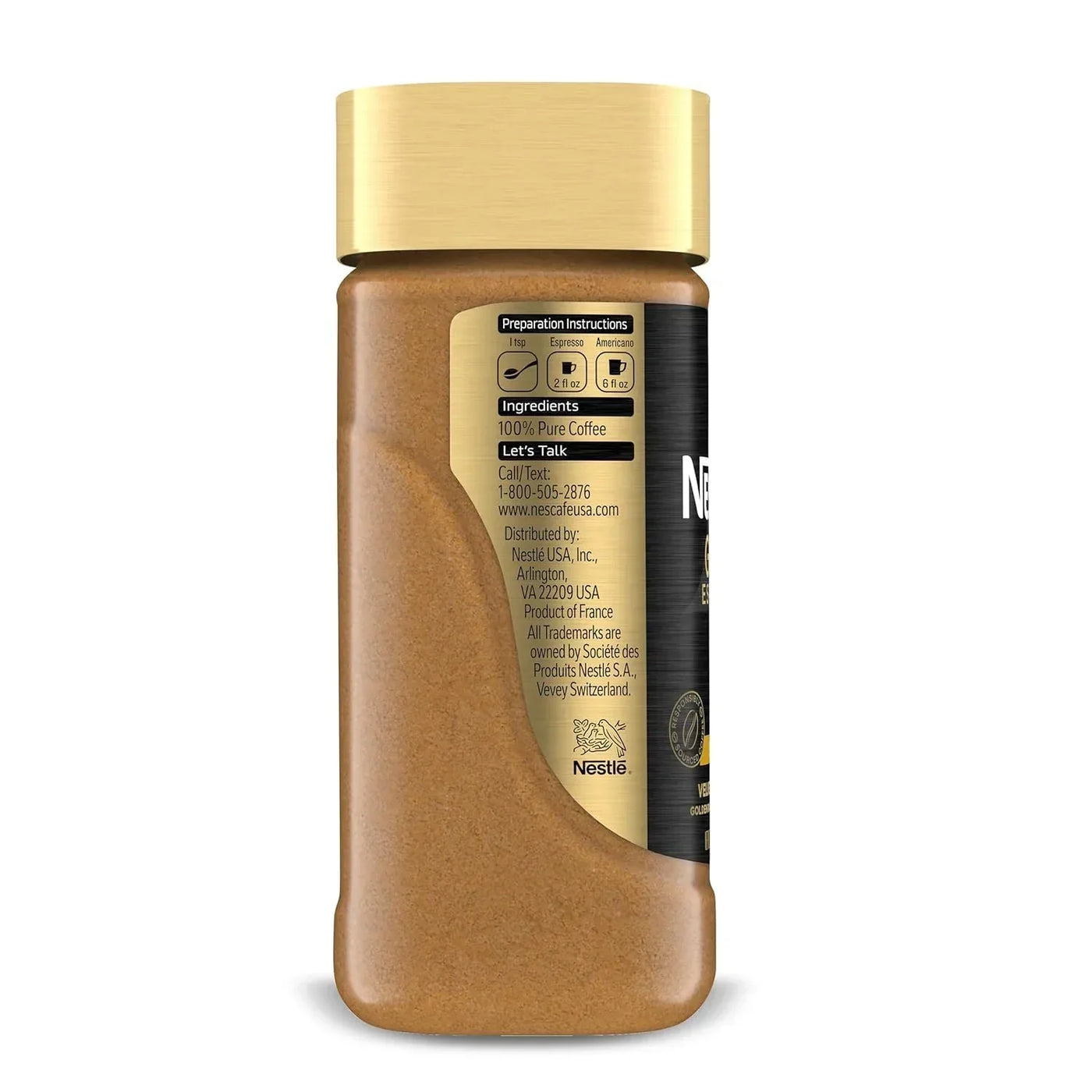 Nescafe Gold Instant Coffee Jar with Preparation Instructions and 100% Pure Coffee Label