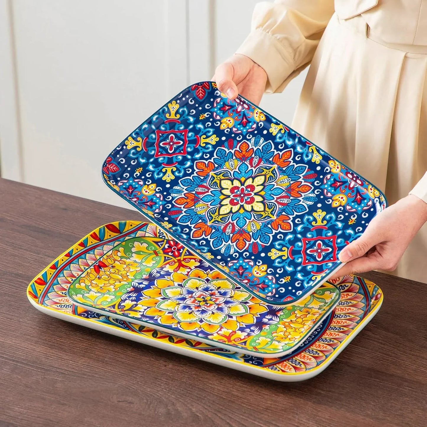 Serving Platters Set of 3, 16"/14"/12" Inch Rectangular Trays - Extra Large, Ceramic Bohemian Serving Dish for Entertaining Food, Microwave & Dishwasher Safe, Vintage