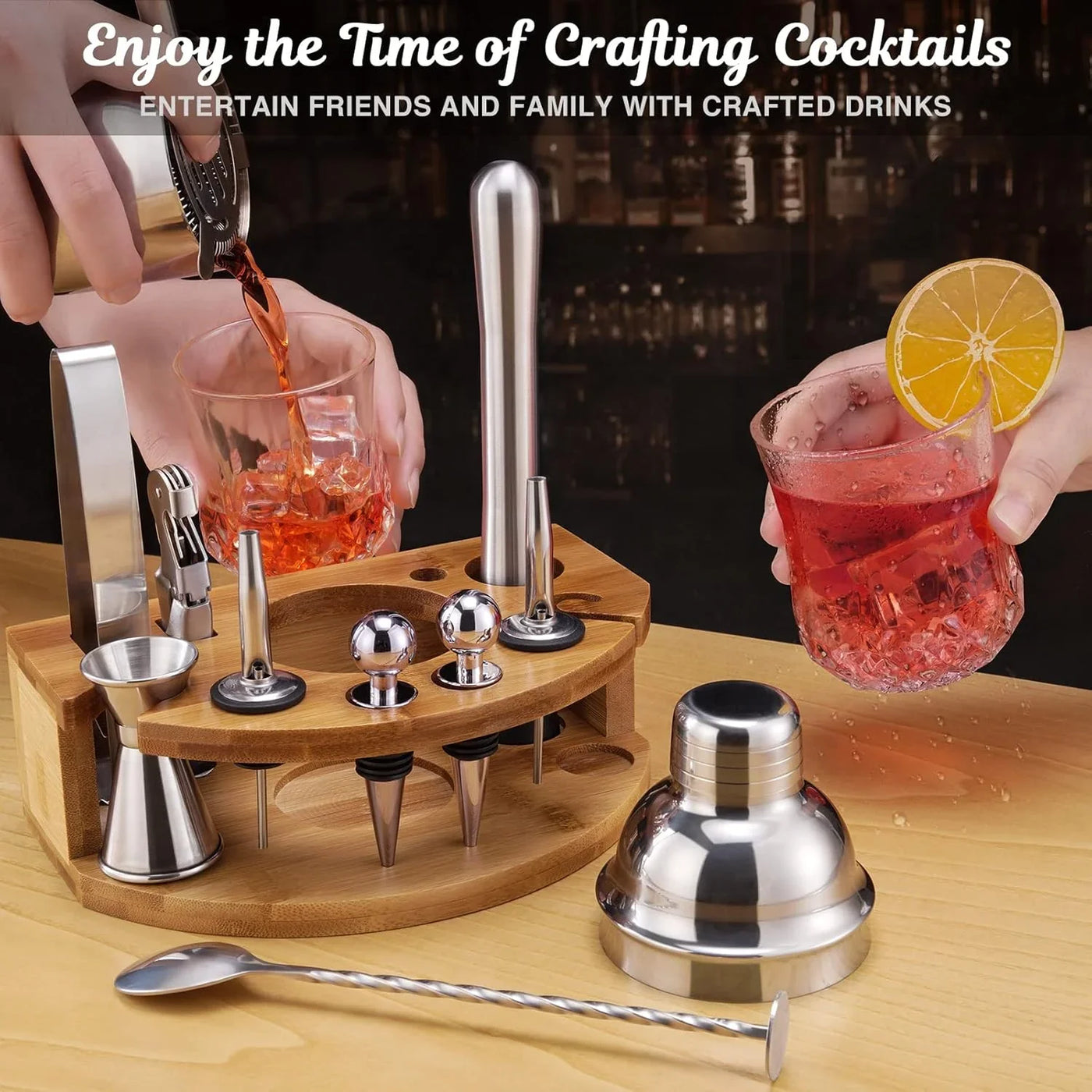 Bartender Kit with Bamboo Stand, 12 Piece 25Oz Cocktail Shaker Set with All Essential Bar Tools Set for Drink Mixing, Ideal Gifts for Cocktail Lovers, Home Bar Bartending Kit with Cocktail Recipes