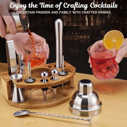 Bartender Kit with Bamboo Stand, 12 Piece 25Oz Cocktail Shaker Set with All Essential Bar Tools Set for Drink Mixing, Ideal Gifts for Cocktail Lovers, Home Bar Bartending Kit with Cocktail Recipes