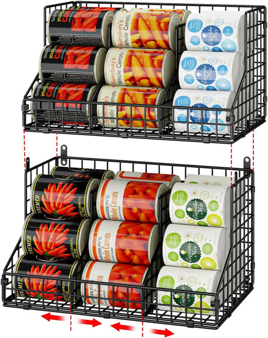 2 Pack Stackable Can Rack Organizer for Pantry Storage,Can Dispensers with 4 Adjustable Dividers, 2-Tier Metal Wire Basket Beverage Pop Soda Rack for Kitchen Cabinet Pantry, Black