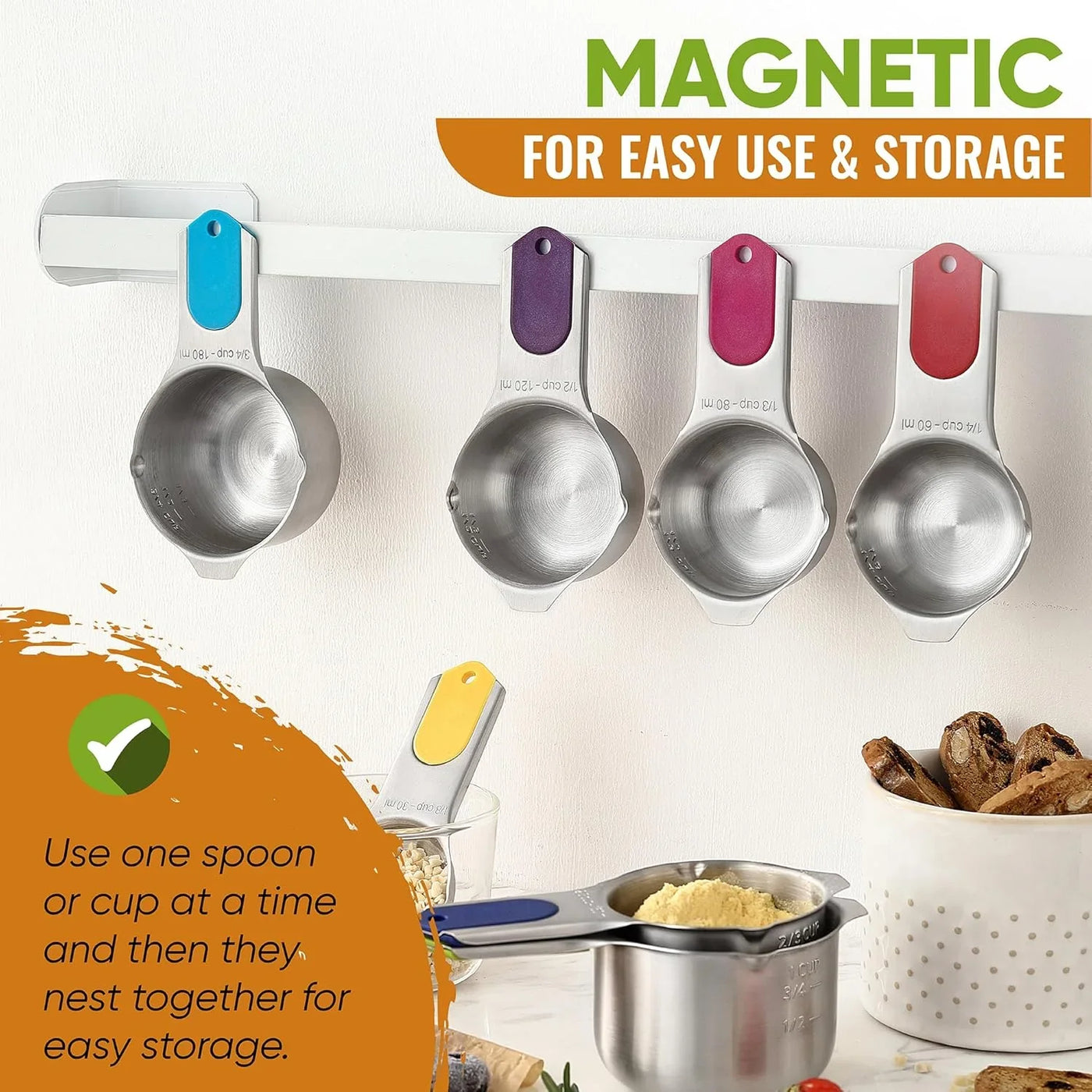 Magnetic Measuring Cups & Spoons Set, Patented, Strong N45 Magnets, Heavy Duty Stainless Steel Fits in Spice Jars for Baking & Cooking, BPA Free, Set of 15 with Leveler, Multicolor