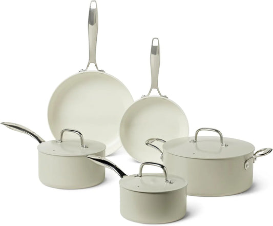 Ceramic Nonstick Cookware, 8-Piece Set of Pots and Pans, Dishwasher and Oven-Safe, All Cooktop Induction Friendly, Linen Gray