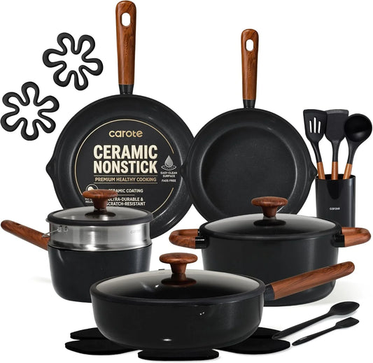 21Pcs Cookware Set Nonstick Pots and Pans Set, Ceramic Cookware Set Induction Cookware, Non Toxic Healthy Non Stick Kitchen Cooking Set, PFAS PTFE Free, Black