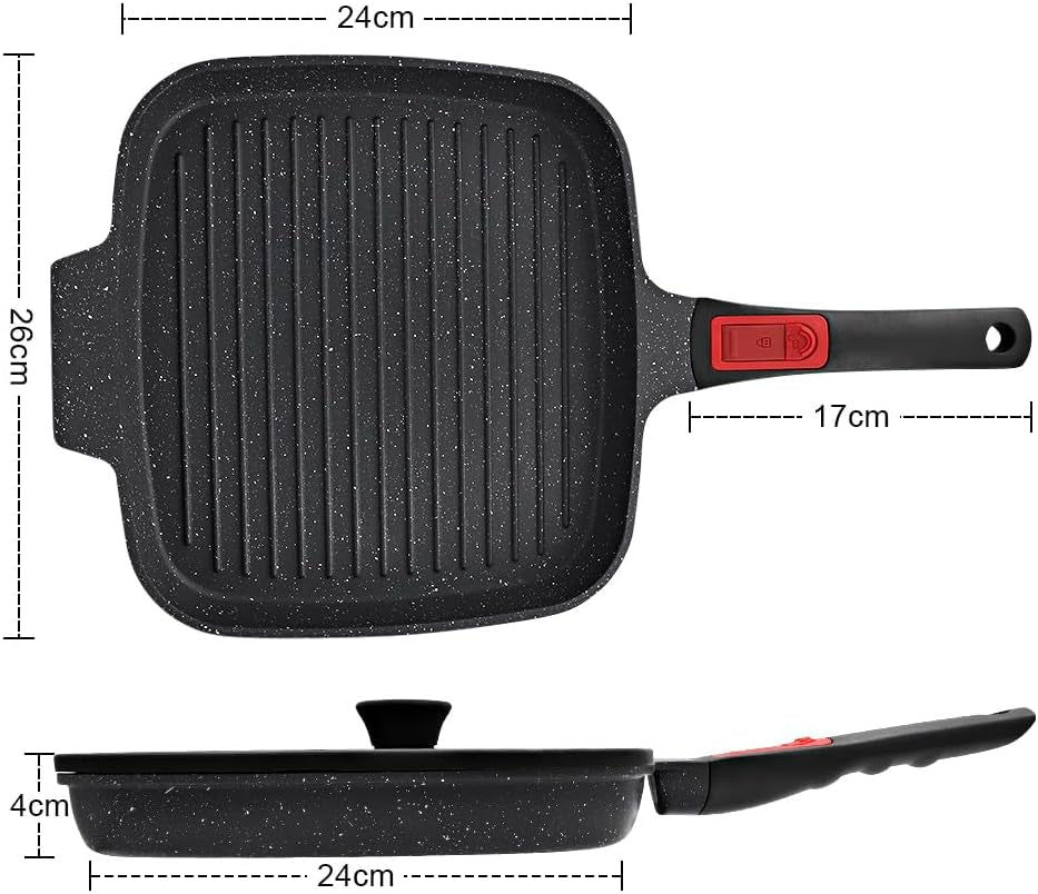 Griddle Pan with Lid, 10 Inch Cast Aluminium Non Stick Grill Pan with Detachable Handle for Induction Hob, Black