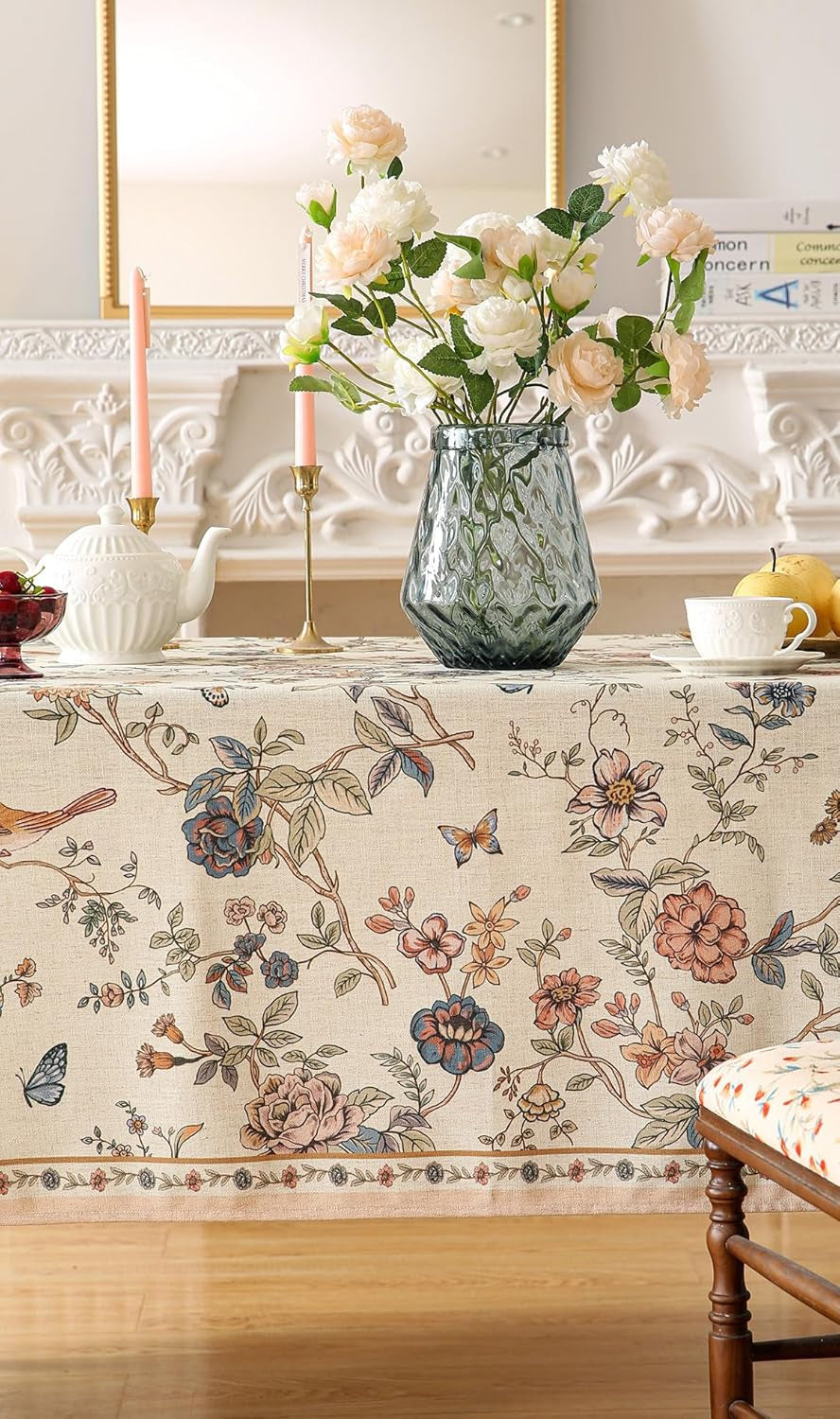 Designer French Light Beige Small Rectangular Tablecloth,Linen Florals and Birds Pattern Table Cloth,Anti-Wrinkle Decorative Tablecloths for Dining Thanksgiving Kitchen,55"*71"-Cornucopia