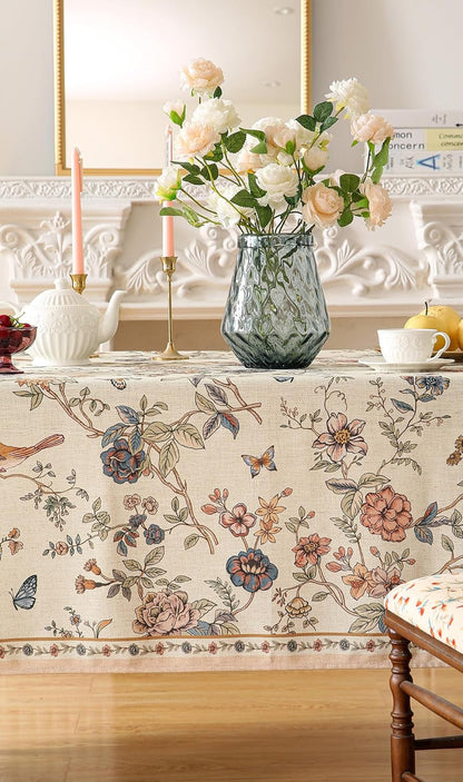 Designer French Light Beige Small Rectangular Tablecloth,Linen Florals and Birds Pattern Table Cloth,Anti-Wrinkle Decorative Tablecloths for Dining Thanksgiving Kitchen,55"*71"-Cornucopia