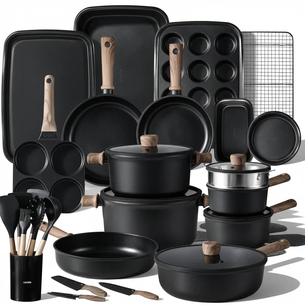 Black nonstick cookware and bakeware set with wooden handles, including pots, pans, baking trays, and kitchen tools