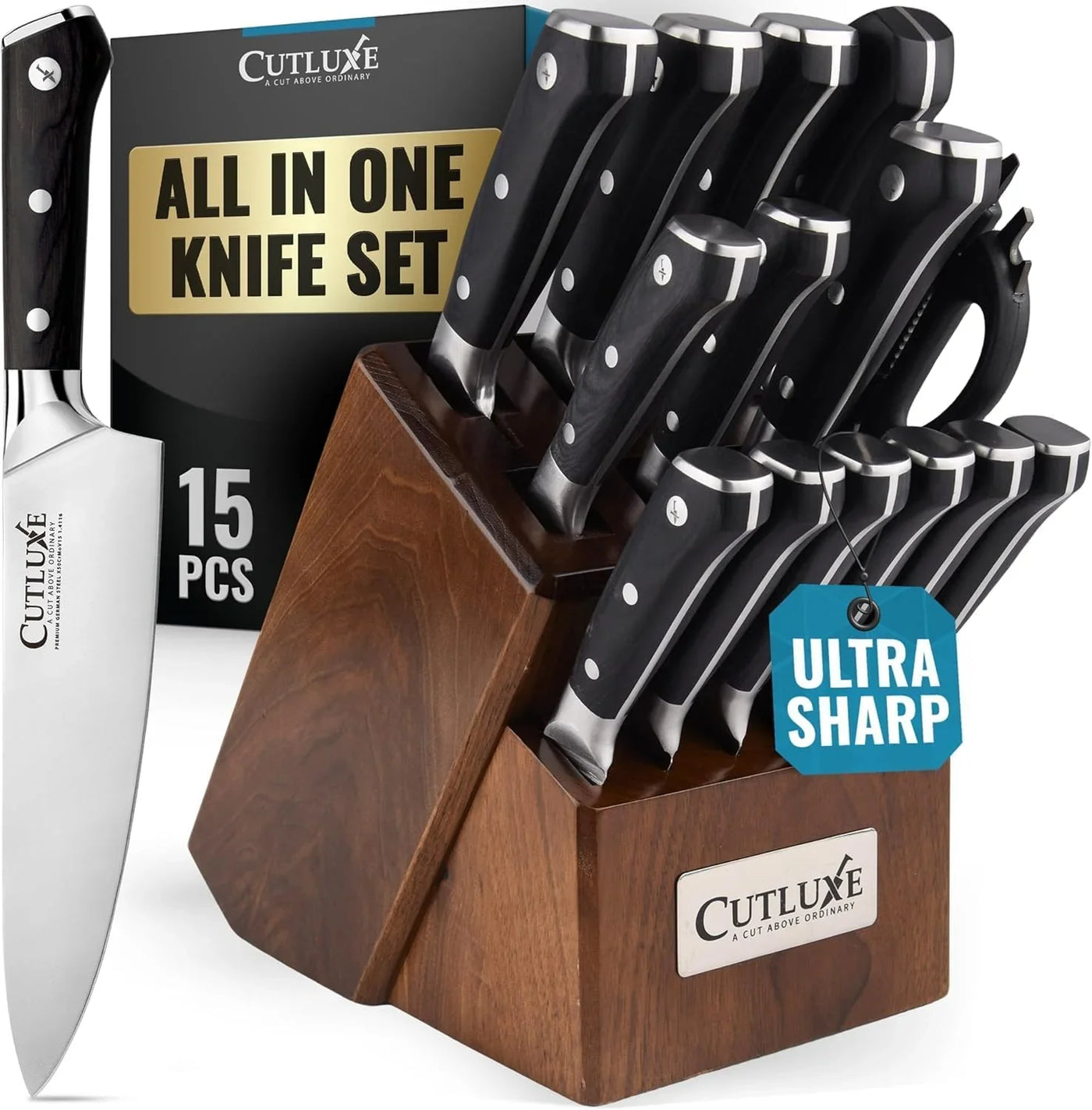 15-Piece Knife Set – High Carbon German Steel Blades, Full Tang Design & Ergonomic Pakkawood Handles in Walnut Wood Block – Artisan Series