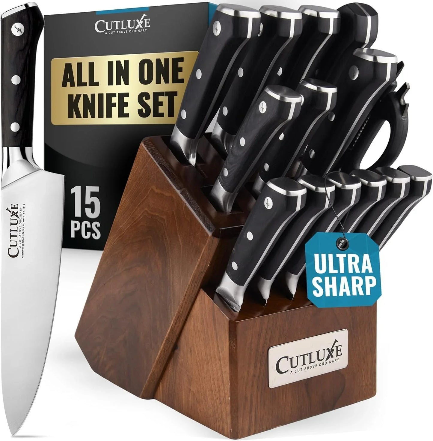 15-Piece Knife Set – High Carbon German Steel Blades, Full Tang Design & Ergonomic Pakkawood Handles in Walnut Wood Block – Artisan Series