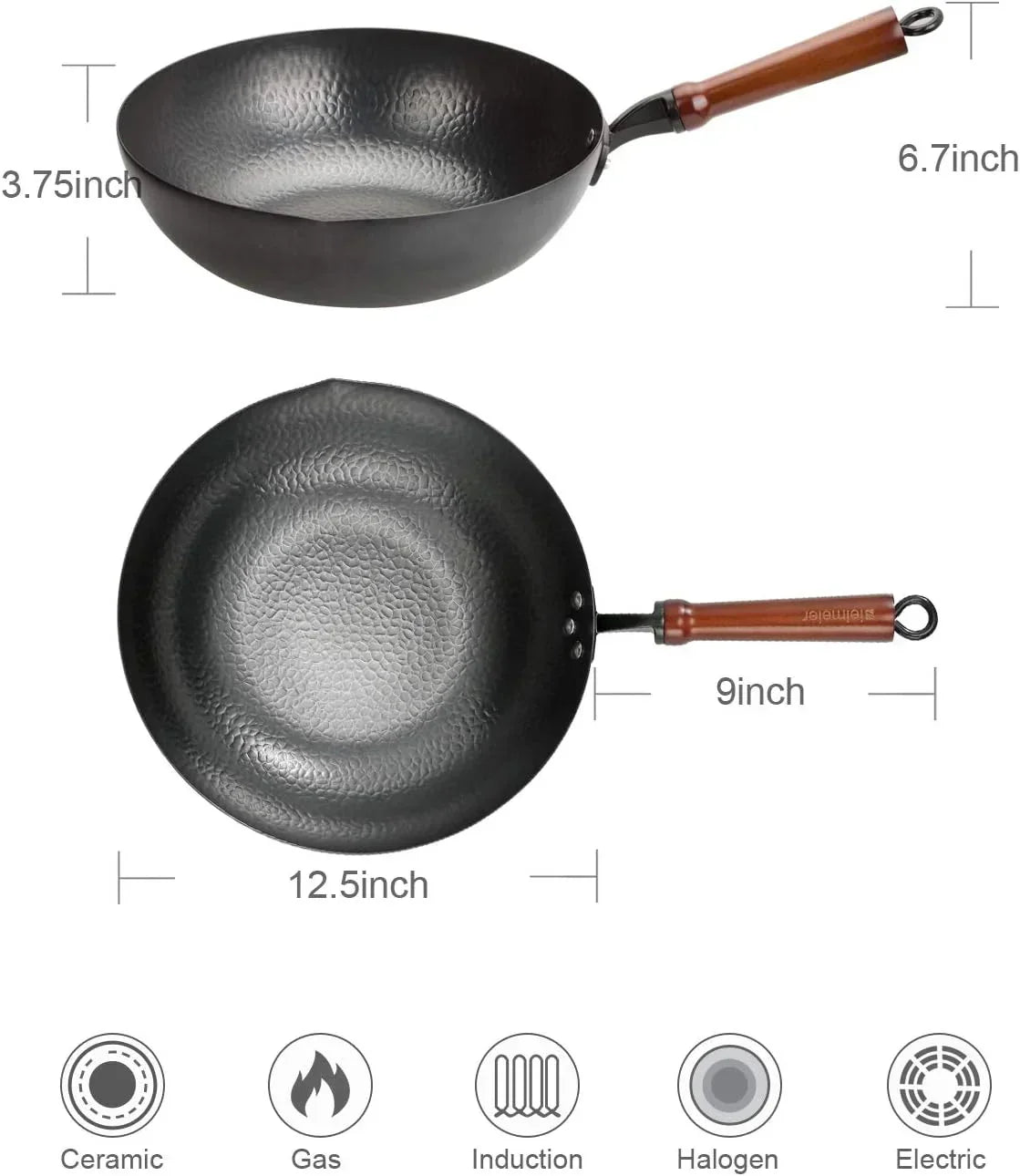 Black textured wok with wooden handle, compatible with ceramic, gas, induction, halogen, and electric stoves