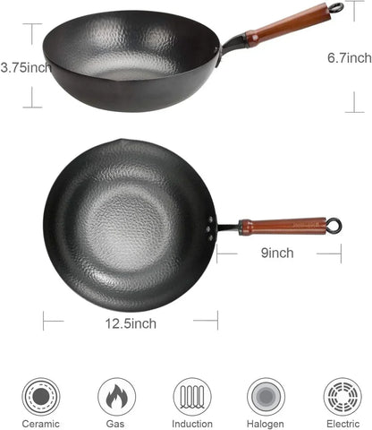 Black textured wok with wooden handle, compatible with ceramic, gas, induction, halogen, and electric stoves