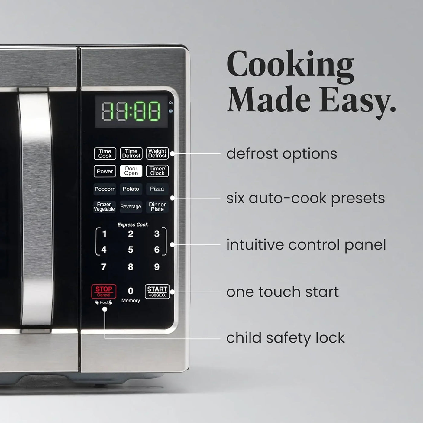 0.7 Cu. Ft. Countertop Microwave Oven – 700 Watts Power, Auto Cook Settings, Defrost, Easy Clean and Child Safety Lock - Stainless