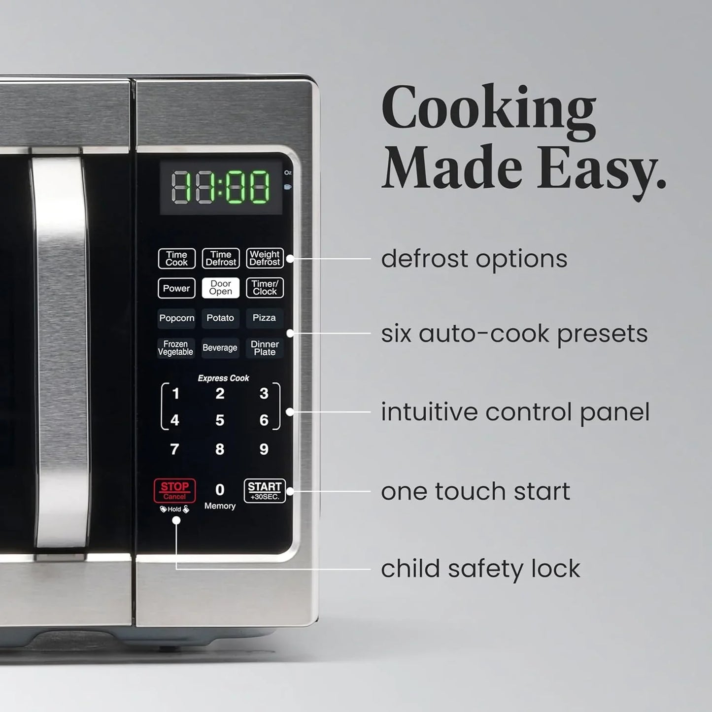 0.7 Cu. Ft. Countertop Microwave Oven – 700 Watts Power, Auto Cook Settings, Defrost, Easy Clean and Child Safety Lock - Stainless