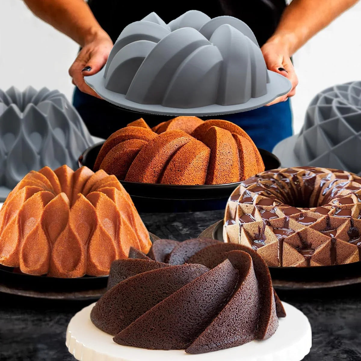 4 Pieces Silicone Fluted Cake Pans, 6/7/8 Cups Tube Baking Pan, Non-Stick Kitchen Oven Baking Pans, Silicone Molds for Homemade Cake, Bread and Jello, Grey