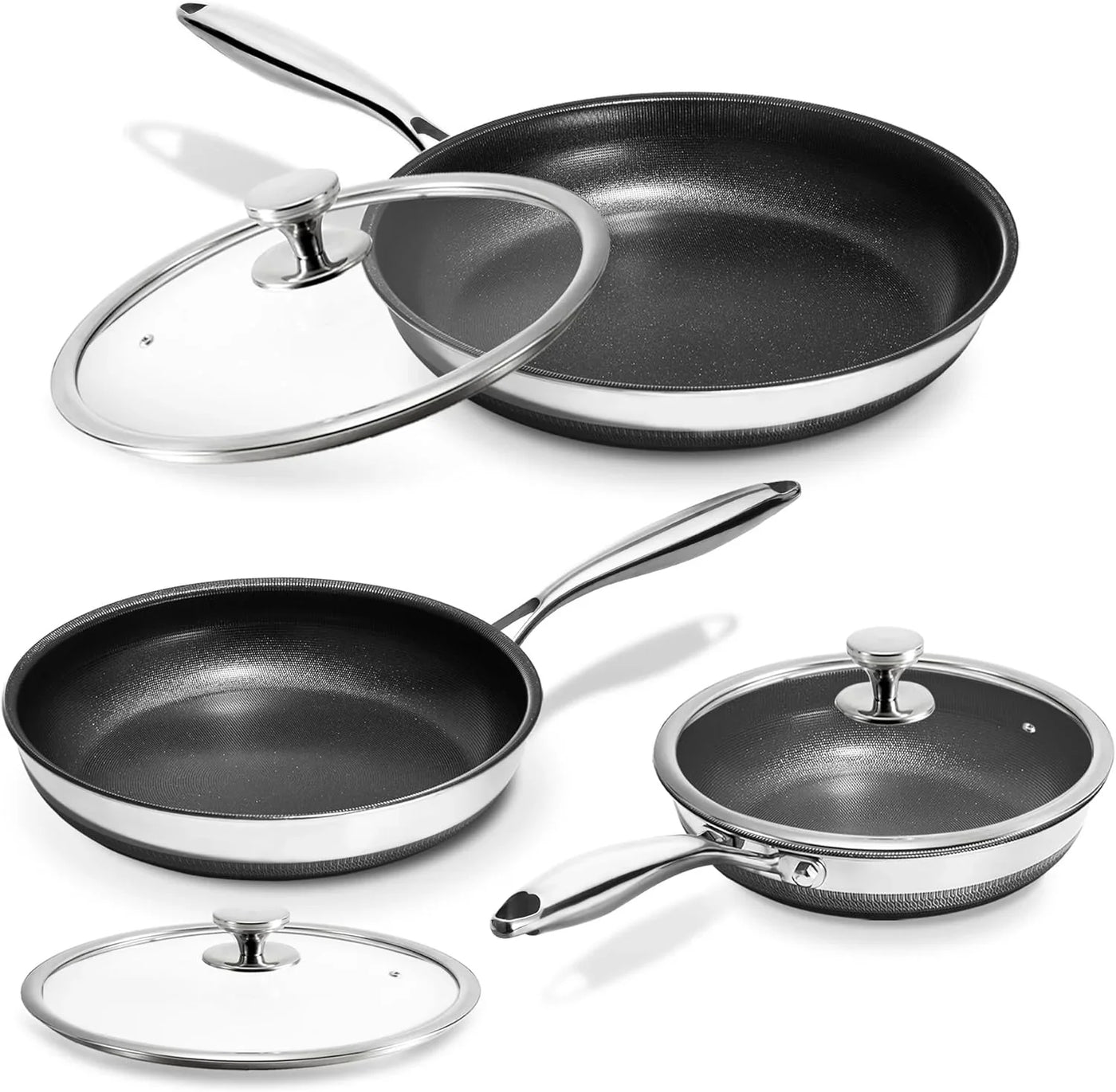 Nonstick Frying Pans with Lids, 8", 10", 12" Titanium Ceramic Tri-Ply Stainless Steel Skillet Set, Non-Toxic, PFAS/PFOA/PTFE Free, Dishwasher & Oven Safe, Induction Compatible