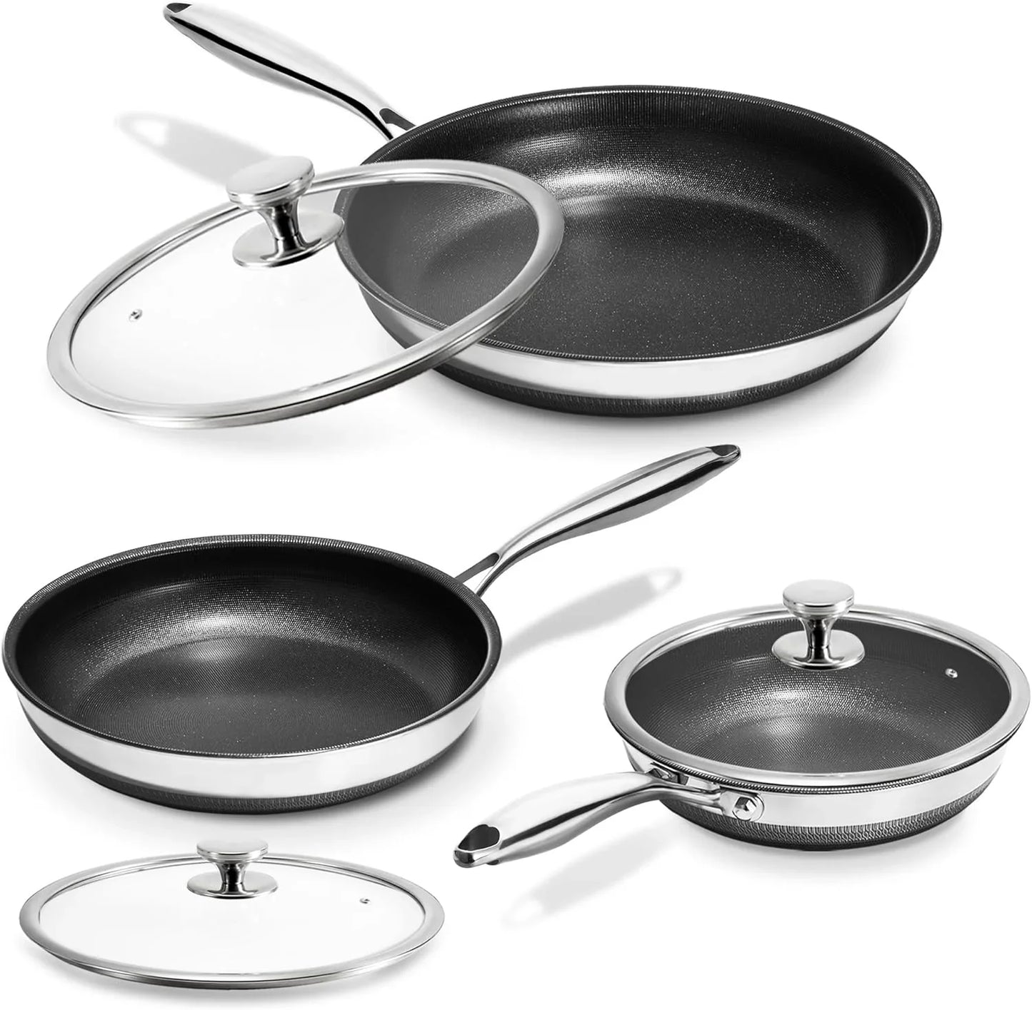 Nonstick Frying Pans with Lids, 8", 10", 12" Titanium Ceramic Tri-Ply Stainless Steel Skillet Set, Non-Toxic, PFAS/PFOA/PTFE Free, Dishwasher & Oven Safe, Induction Compatible