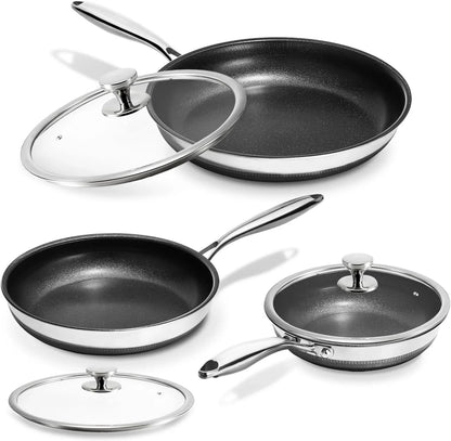 Nonstick Frying Pans with Lids, 8", 10", 12" Titanium Ceramic Tri-Ply Stainless Steel Skillet Set, Non-Toxic, PFAS/PFOA/PTFE Free, Dishwasher & Oven Safe, Induction Compatible