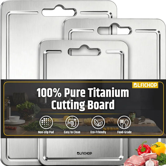 3Pcs 100% Pure Titanium Cutting Boards with Juice Groove, Double-Sided Non-Toxic Chopping Boards for Kitchen Meat, Vegetables and Fruits, Dishwasher Safe, Grey
