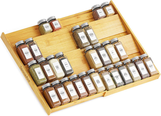 Bamboo Spice Drawer Organizer, (Need 3" Deep Drawer) Expandable 4 Tier Spices Rack for Cabinet, Kitchen Seasoning Storage Insert (Jars Not Included, from 12" to 23" Wide)