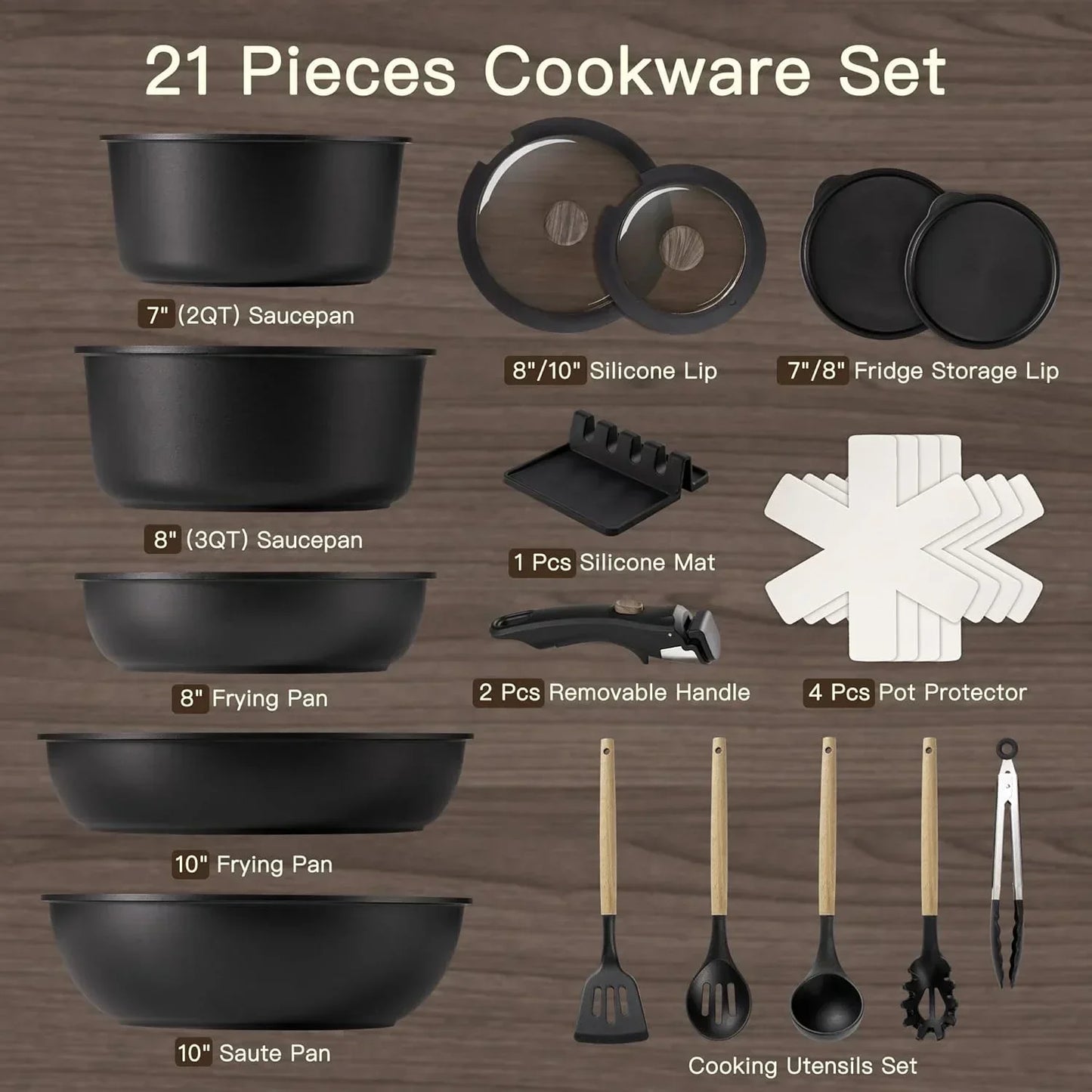 21 piece cookware set with saucepans, frying pans, lids, pot protectors, and kitchen utensils.