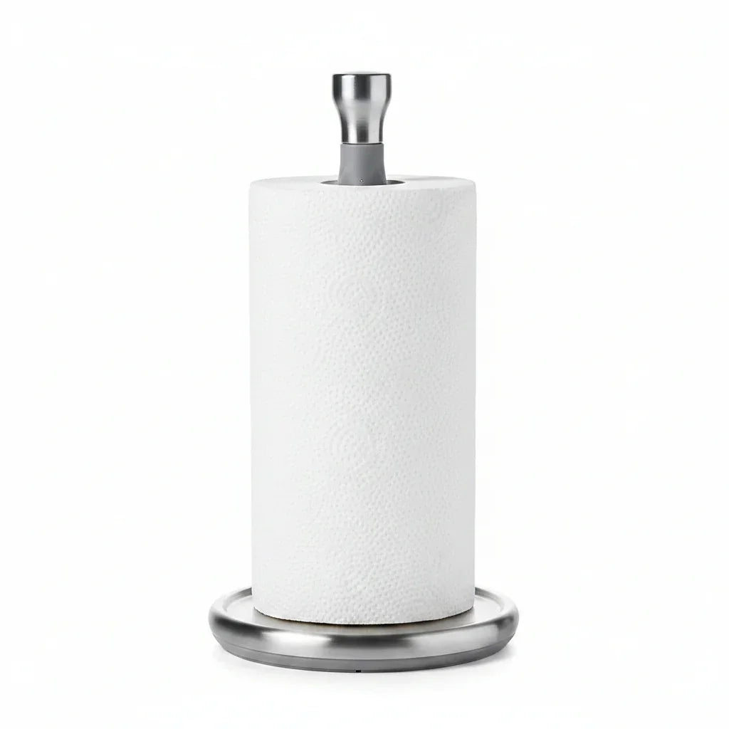 Stainless steel paper towel holder with white paper towels for kitchen organization