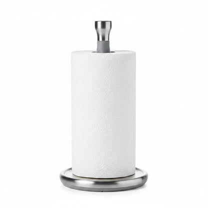 Stainless steel paper towel holder with white paper towels for kitchen organization