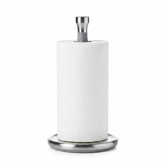 Stainless steel paper towel holder with white paper towels for kitchen organization