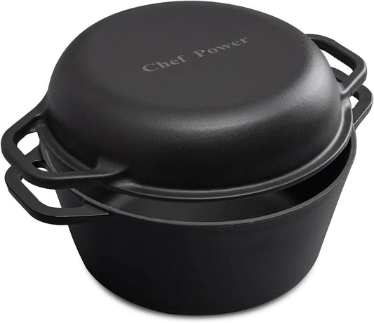 2-In-1 Cast Iron Dutch Oven with Skillet Lid, 5QT Camping Dutch Oven Pot with Lid for Bread, Frying, Baking, Roasting, Cooking, BBQ – Versatile Cast Iron Cookware