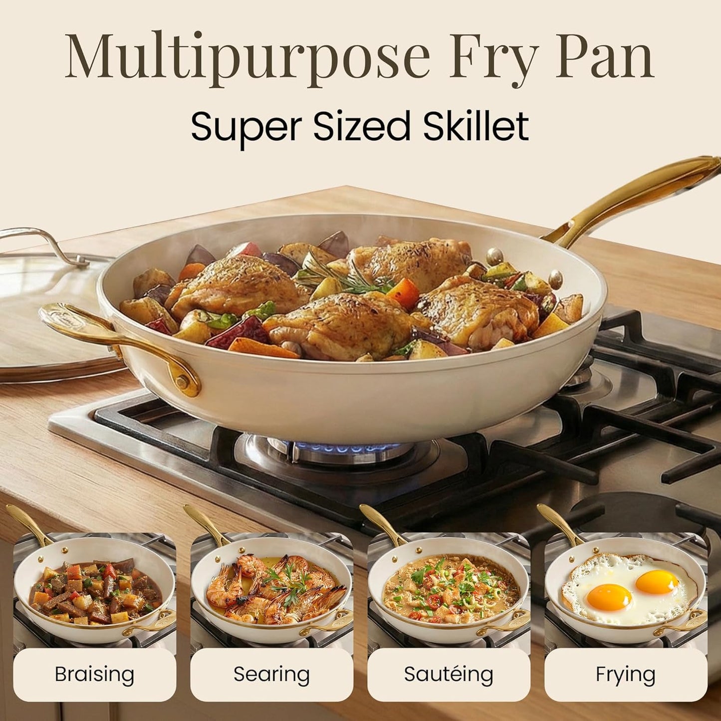 14 Inch Nonstick Frying Pan with Lid, Large Ceramic Skillet for Family, Non Toxic PFOA PFOS PFAS Free, Oven & Dishwasher Safe 500°F, Even Heat Distribution, Cream