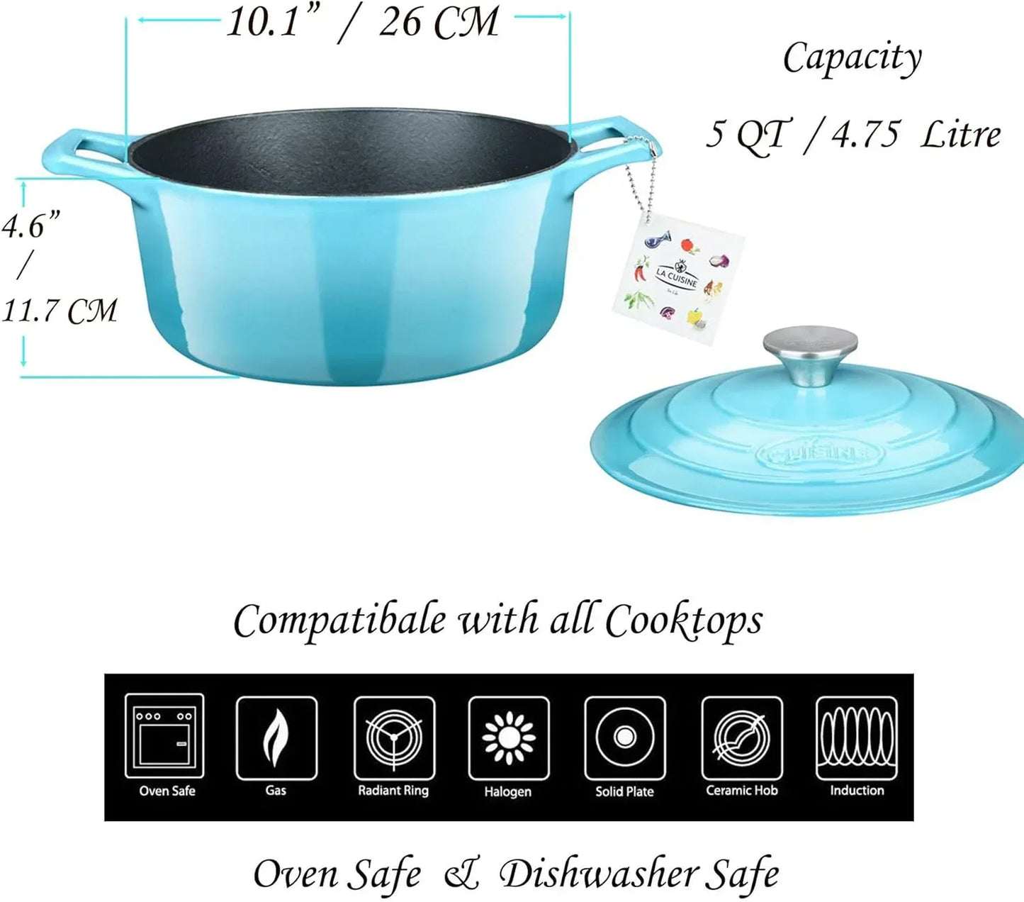 Light blue 5-quart enameled cast iron Dutch oven with lid, oven and dishwasher safe, fits all cooktops