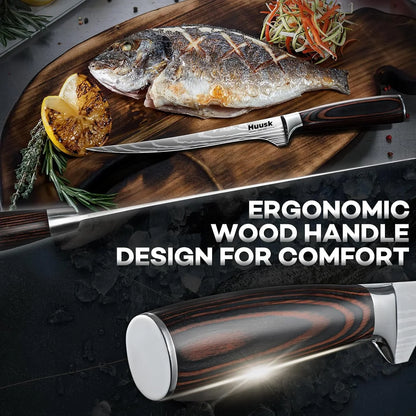 Filet Knife for Fish - 7 Inch Fish Fillet Knife with Wood Handle, Flexible Boning Knives for Meat Cutting, Professional Japanese Fishing Knives for Meat Poultry Cutting, Christmas Gifts for Men