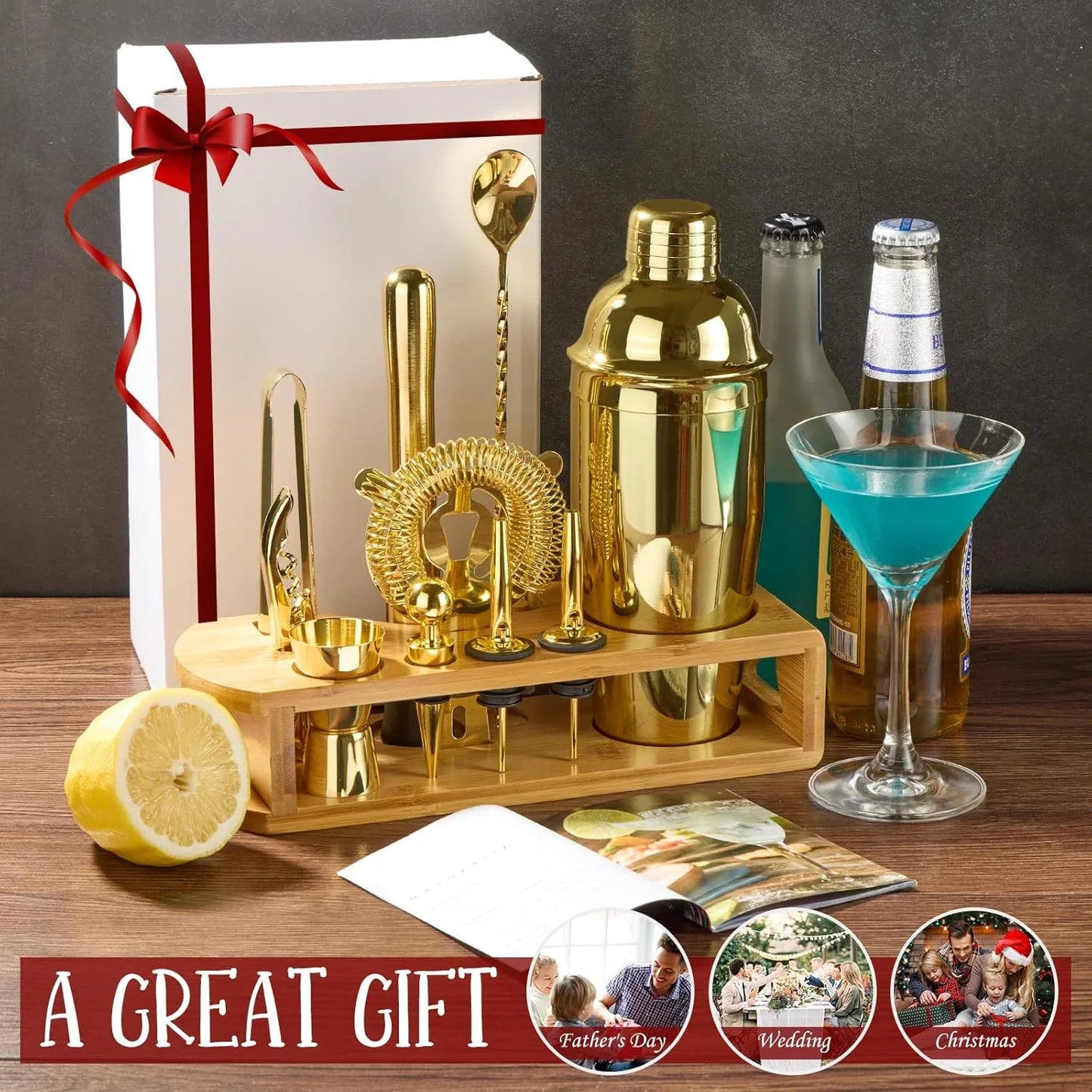 Cocktail Shaker Set Bartender Kit : 12-Piece Bar Tool Set with Bamboo Stand | Bars Set with All Practical Bar Accessories, for Drink Mixing, Bar, Home, Lounge & Party (Gold)