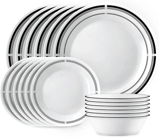 18-Piece round Dinnerware Set Service for 6, Lightweight round Plates and Bowls Set, Vitrelle Triple Layer Glass, Chip and Scratch Resistant, Microwave and Dishwasher Safe, Brasserie