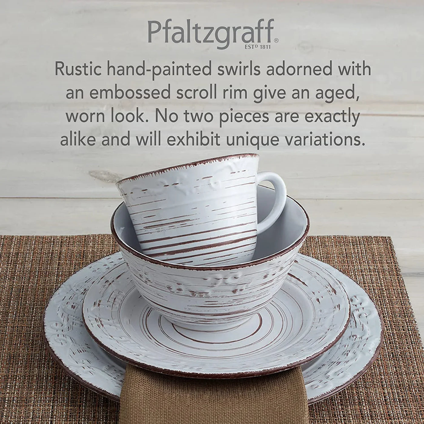 Trellis White 16-Piece Stoneware Dinnerware Set, Service for 4, Distressed White Finish, Microwave & Dishwasher Safe Plates and Bowls