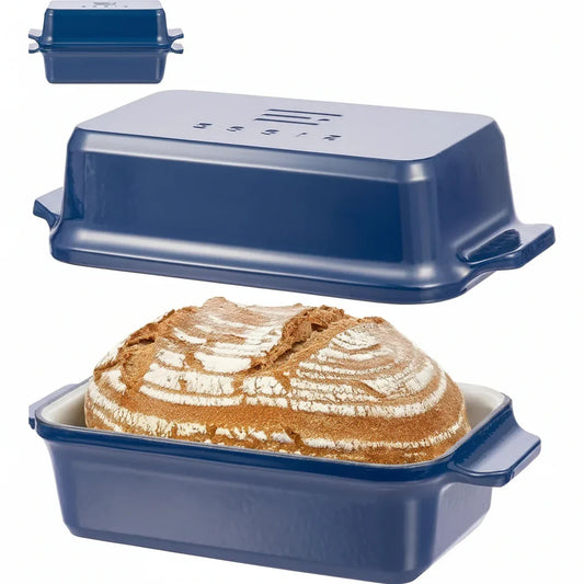 Navy blue ceramic bread baking pan with lid, perfect for artisan sourdough loaves and home baking