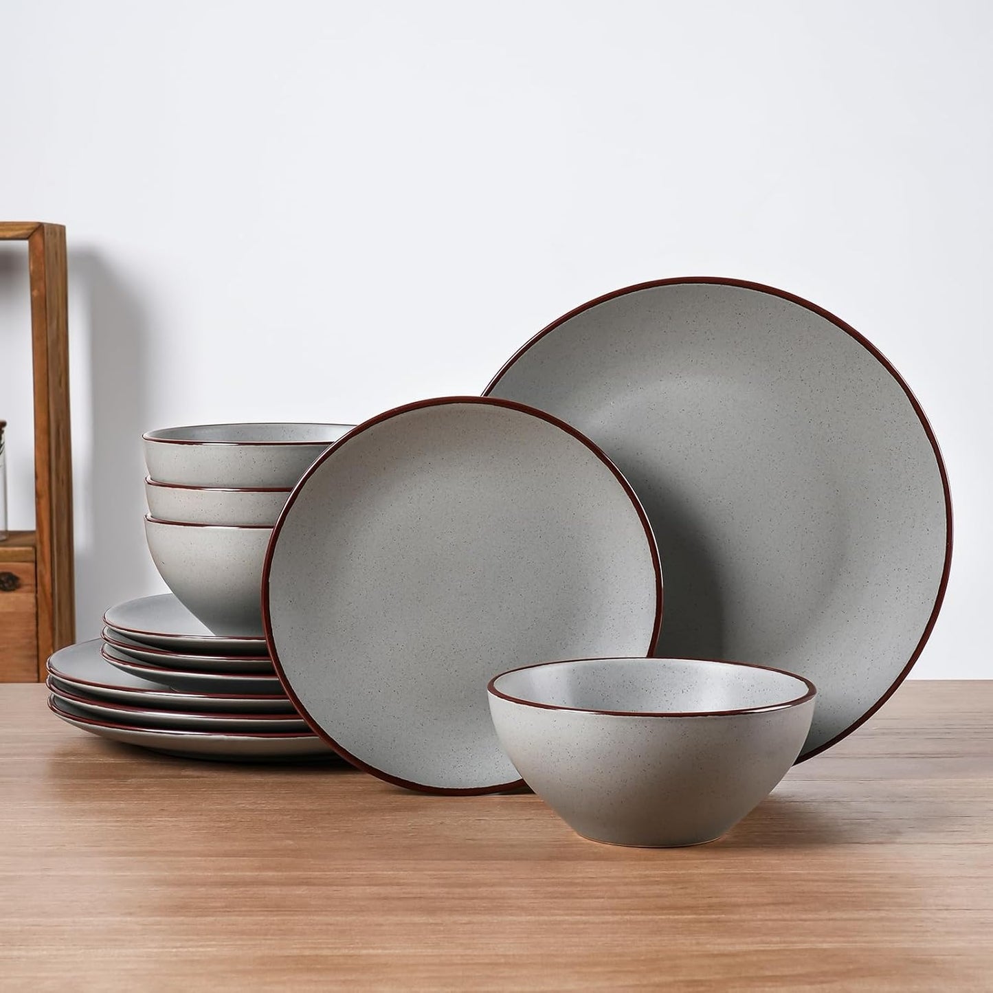 Venus Plates and Bowls Sets, 12 Pieces Stoneware Speckled Dishes Dinnerware Set for 4, Matte Dark Gray - Microwave & Dishwasher Safe, Modern Minimalist, for Everyday Meals & Formal Dining