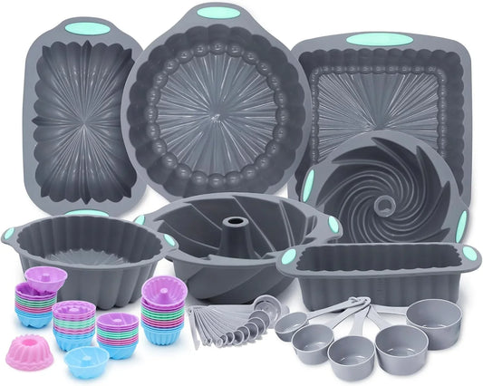 72 Pieces Silicone Bakeware Set, Nonstick Baking Pans Set, Easy Release Oven Silicone Pan for Kitchen with Cake Pans, Loaf Pans, Baking Cups, Measuring Cups and Spoons Set, Grey