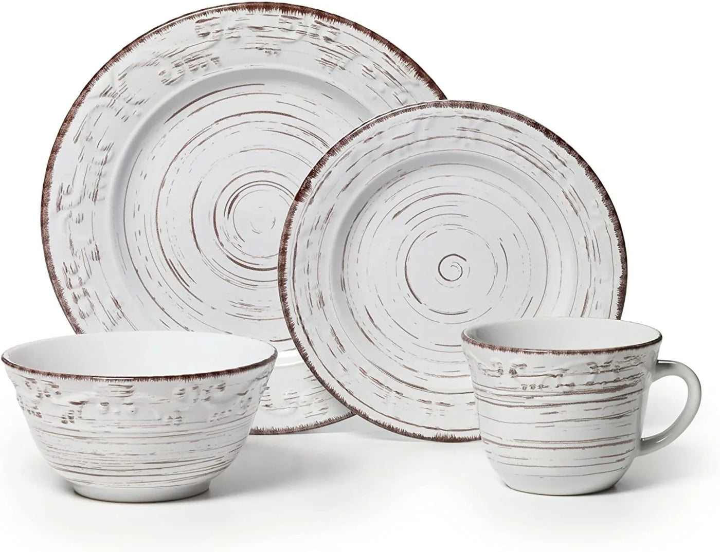 Trellis White 16-Piece Stoneware Dinnerware Set, Service for 4, Distressed White Finish, Microwave & Dishwasher Safe Plates and Bowls