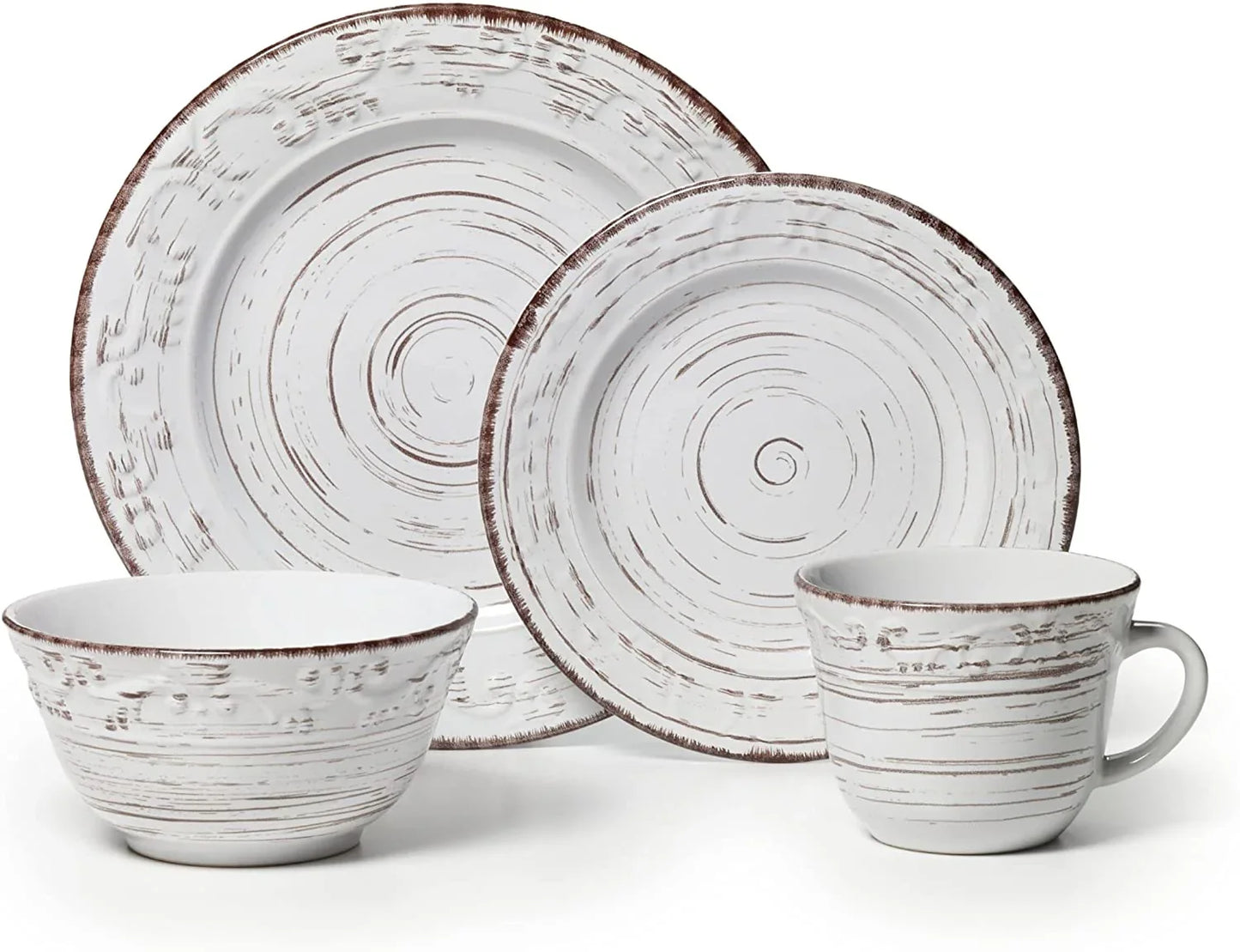 Trellis White 16-Piece Stoneware Dinnerware Set, Service for 4, Distressed White Finish, Microwave & Dishwasher Safe Plates and Bowls