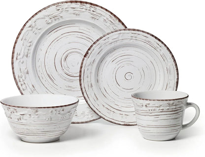 Trellis White 16-Piece Stoneware Dinnerware Set, Service for 4, Distressed White Finish, Microwave & Dishwasher Safe Plates and Bowls