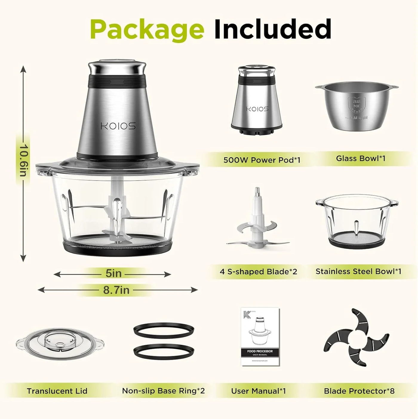 Food Processor, 500W Electric Food Chopper with 2 Bowls (8 Cup+8 Cup) & 2 Bi-Level Blades&, Small Electric Grinder Meat Processor for Nuts, Meat, Onion, Garlic, Baby Food, Black