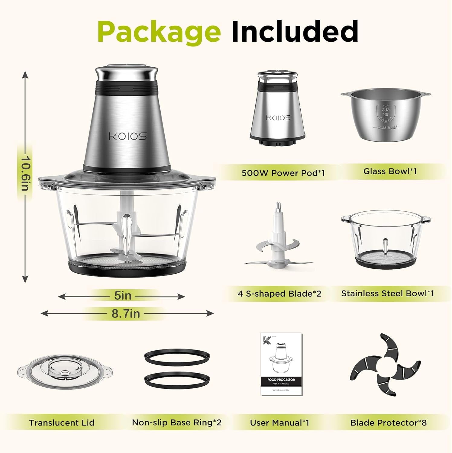 Food Processor, 500W Electric Food Chopper with 2 Bowls (8 Cup+8 Cup) & 2 Bi-Level Blades&, Small Electric Grinder Meat Processor for Nuts, Meat, Onion, Garlic, Baby Food, Black