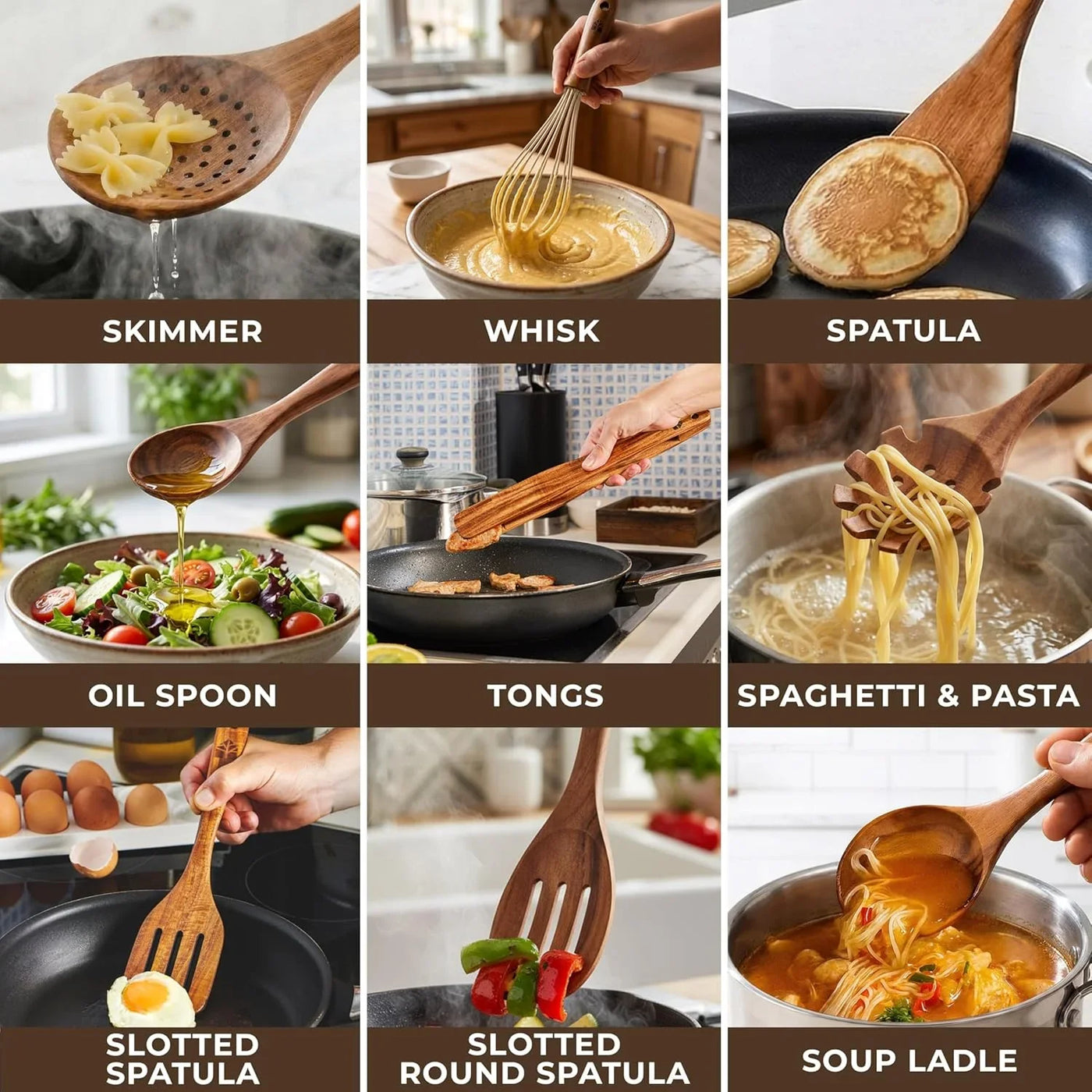 Wooden Spoons for Cooking 13 Pcs – Sturdy & Easy to Clean, Natural Teak Wooden Utensil Set – Non-Scratch Wood Kitchen Utensils Set with Spatula, Ladle, Spoons, Tongs, Whisk, Holder, Spoon Rest & Hooks