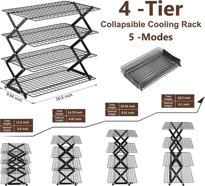 4 Tier Collapsible Cooling Rack - 3 Setting Design, Adjustable ＆ Stackable Baking Rack, 5 Modes Cooling Racks for Cooking and Baking, Roasting ＆ Grilling Gifts for Picnic Party