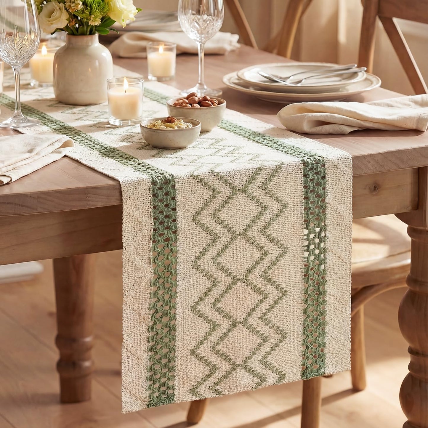 Sage Green Stripe Diamond Pattern Woven Table Runner, Seasonal Holiday Hollow Kitchen Dining Table Decoration for Home Party Decor 12X72 Inch