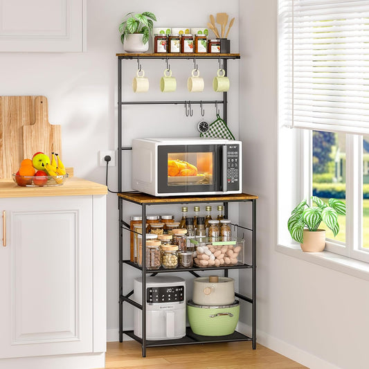 4 Tier Coffee Bar Station, Kitchen Stand with 8 S-Shaped Hooks, Large Space Coffee Station Table, Farmhouse Coffee Bar Shelf, Bakers Rack for for Kitchen, Living Room, 23.62" W X 15.74" D X 57.13" H