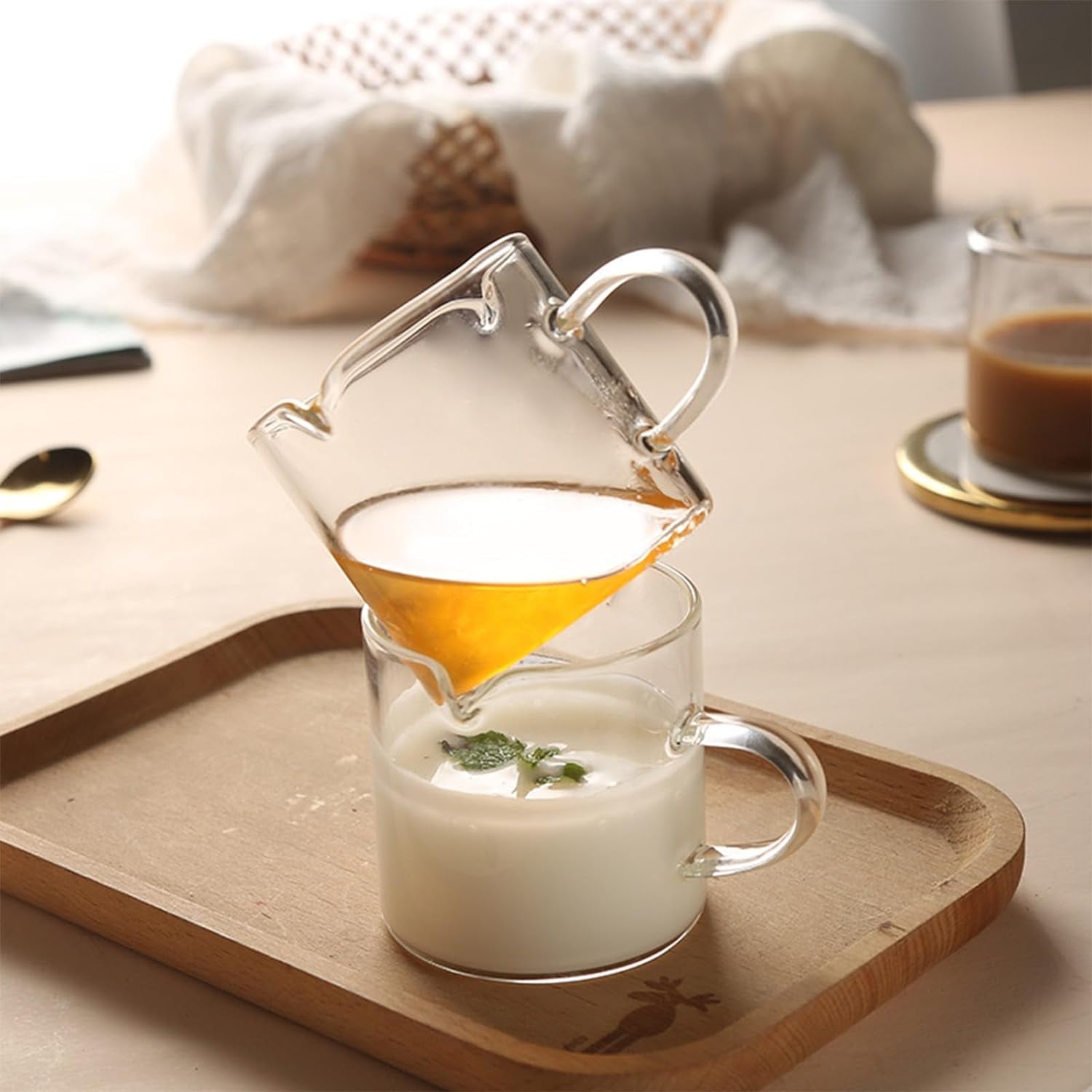 Espresso Cups Set of 2, 4 OZ Double Spouts Cups, Shot Glasses, Milk Cup with Handle, Clear Glass, Espresso Accessories for Machine, Small