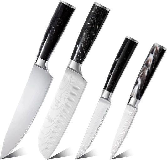 4 Pcs Kitchen Knife Set, High Carbon Stainless Steel Chef Knife Set with Elegant Black Resin Handle, Ultra Sharp Japanese Style Cooking Knives for Meat, Fruit, Gift Box Included