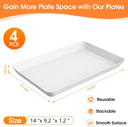 4-Pack Serving Tray, Serving Platter for Parties, Entertaining, Camping & Food Display, Reusable & Stackable Plastic Trays in Kitchen, Rectangular Food Platters for Cookie, Appetizer(White)